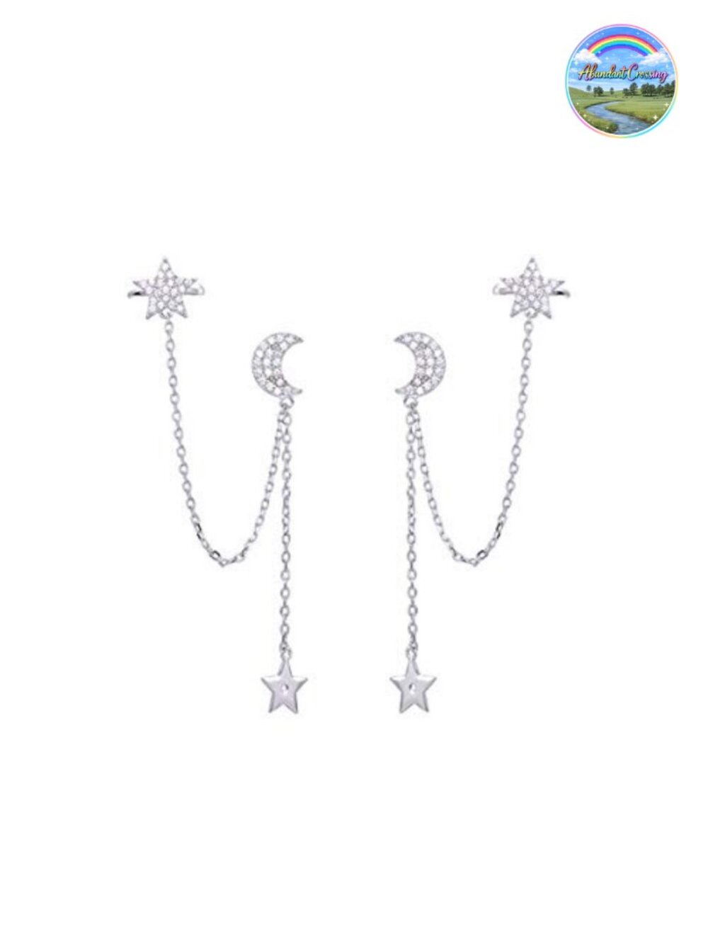 925 Sterling Silver Star Moon Cuff Earrings Dangling Chain